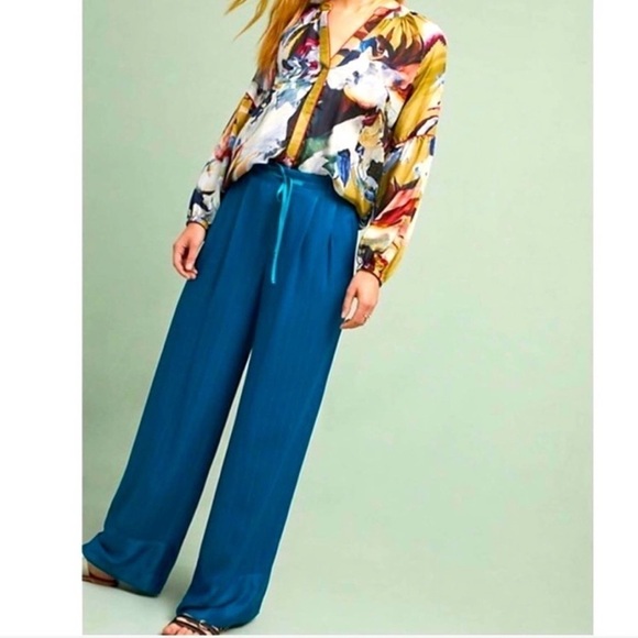 Anthropologie Elevenses Turquoise Blue Wide Leg Satin Trouser Pants Size 4 - Picture 11 of 13
